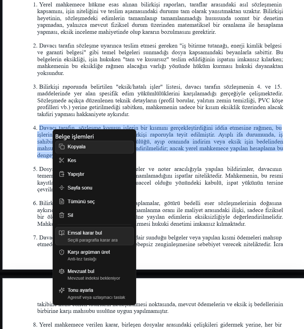 UDF+ doküman üzerinde sağ tık menüsünde emsal karar ve mevzuat arama